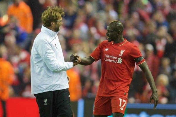 LIVERPOOL, ENGLAND - Thursday, April 14, 2016: Liverpool's manager Jürgen Klopp celebrates with Mamadou Sakho after the dramatic 4-3 (5-4 aggregate) victory over Borussia Dortmund during the UEFA Europa League Quarter-Final 2nd Leg match at Anfield. (Pic by David Rawcliffe/Propaganda)