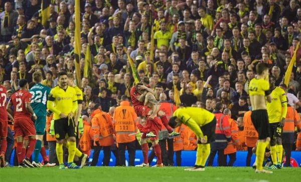 LIVERPOOL, ENGLAND - Thursday, April 14, 2016: Liverpool's match-winner Dejan Lovren celebrates with Alberto Moreno after the dramatic 4-3 (5-4 aggregate) victory over Borussia Dortmund during the UEFA Europa League Quarter-Final 2nd Leg match at Anfield. (Pic by David Rawcliffe/Propaganda)