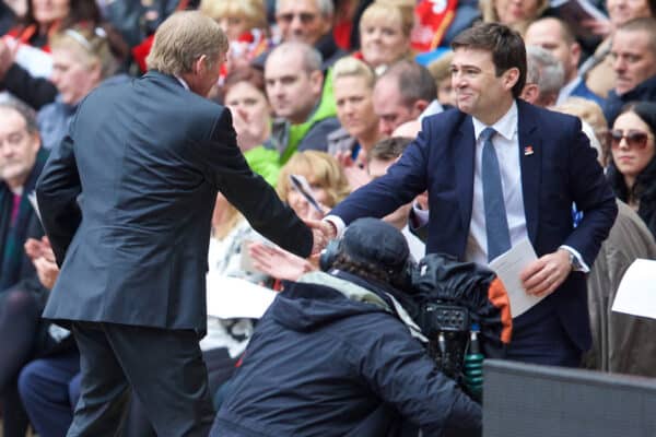 LIVERPOOL, ENGLAND - Friday, April 15, 2016: Liverpool's non-executive director Kenny Dalglish shakes hands with MP Andy Burnham during the 27th Anniversary Hillsborough Service at Anfield. (Pic by David Rawcliffe/Propaganda)