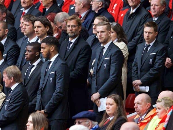 LIVERPOOL, ENGLAND - Friday, April 15, 2016: Liverpool's manager Jürgen Klopp and captain Jordan Henderson during the 27th Anniversary Hillsborough Service at Anfield. (Pic by David Rawcliffe/Propaganda)