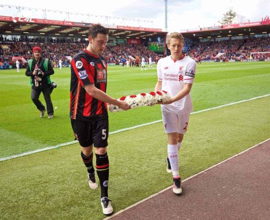 BOURNEMOUTH, ENGLAND - Sunday, April 17, 2016: Liverpool's Lucas Leiva and Bournemouth's captain Tommy Elphick lay a wreath to remember the 96 victims of the Hillsborough Stadium Disaster before the FA Premier League match at Dean Court. (Pic by David Rawcliffe/Propaganda)