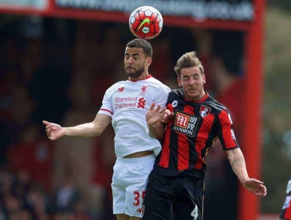 BOURNEMOUTH, ENGLAND - Sunday, April 17, 2016: Liverpool's Kevin Stewart in action against Bournemouth's Dan Gosling during the FA Premier League match at Dean Court. (Pic by David Rawcliffe/Propaganda)