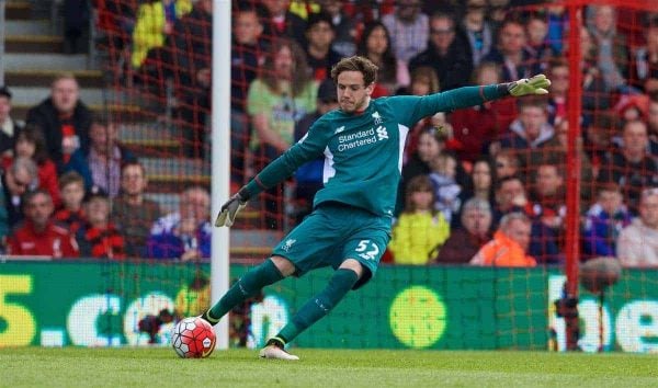 BOURNEMOUTH, ENGLAND - Sunday, April 17, 2016: Liverpool's goalkeeper Danny Ward in action against Bournemouth during the FA Premier League match at Dean Court. (Pic by David Rawcliffe/Propaganda)