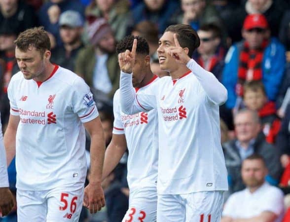 BOURNEMOUTH, ENGLAND - Sunday, April 17, 2016: Liverpool's celebrates scoring the first goal against Bournemouth during the FA Premier League match at Dean Court. (Pic by David Rawcliffe/Propaganda)