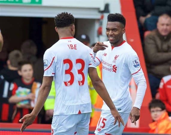 BOURNEMOUTH, ENGLAND - Sunday, April 17, 2016: Liverpool's Daniel Sturridge celebrates scoring the second goal against Bournemouth with team-mate Jordon Ibe during the FA Premier League match at Dean Court. (Pic by David Rawcliffe/Propaganda)