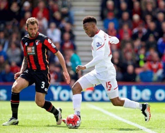 BOURNEMOUTH, ENGLAND - Sunday, April 17, 2016: Liverpool's Daniel Sturridge in action against Bournemouth during the FA Premier League match at Dean Court. (Pic by David Rawcliffe/Propaganda)