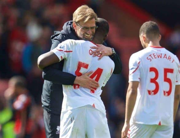 BOURNEMOUTH, ENGLAND - Sunday, April 17, 2016: Liverpool's manager Jürgen Klopp embraces Sheyi Ojo after the 2-1 victory over Bournemouth during the FA Premier League match at Dean Court. (Pic by David Rawcliffe/Propaganda)