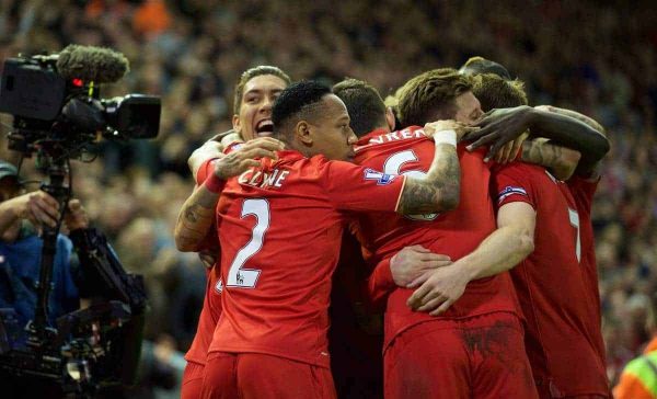 LIVERPOOL, ENGLAND - Wednesday, April 20, 2016: Liverpool's Divock Origi celebrates scoring the first goal against Everton during the Premier League match at Anfield, the 226th Merseyside Derby. (Pic by David Rawcliffe/Propaganda)