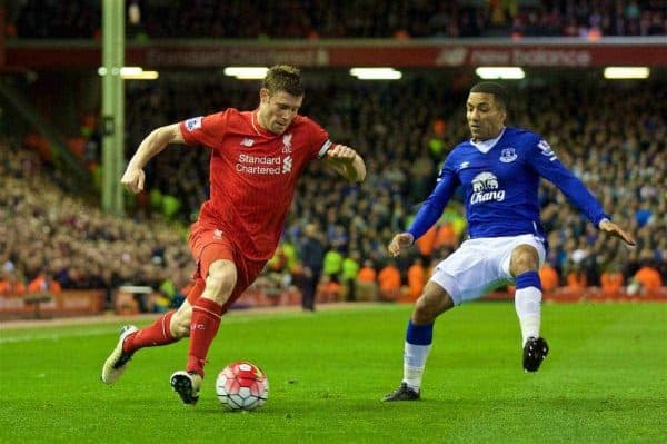 LIVERPOOL, ENGLAND - Wednesday, April 20, 2016: Liverpool's James Milner in action against Everton's Aaron Lennon during the Premier League match at Anfield, the 226th Merseyside Derby. (Pic by David Rawcliffe/Propaganda)