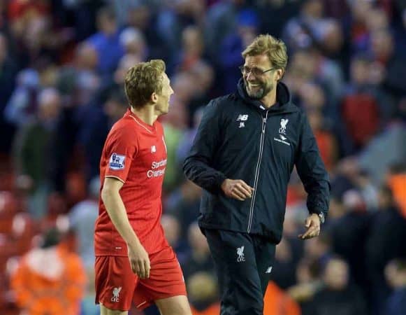 LIVERPOOL, ENGLAND - Wednesday, April 20, 2016: Liverpool's manager Jürgen Klopp celebrates with Lucas Leiva after the 4-0 thrashing of Everton during the Premier League match at Anfield, the 226th Merseyside Derby. (Pic by David Rawcliffe/Propaganda)