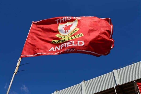 LIVERPOOL, ENGLAND - Saturday, April 23, 2016: This Is Anfield flag (General / generic) (Pic by Bradley Ormesher/Propaganda)