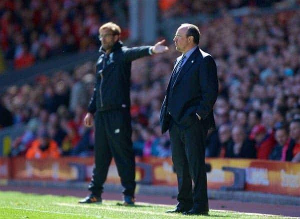 LIVERPOOL, ENGLAND - Saturday, April 23, 2016: Newcastle United's manager Rafael Benitez during the Premier League match against Liverpool at Anfield. (Pic by Bradley Ormesher/Propaganda)