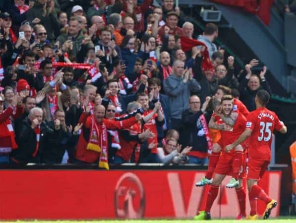 LIVERPOOL, ENGLAND - Saturday, April 23, 2016: Liverpool's Adam Lallana celebrates scoring the second goal against Newcastle United during the Premier League match at Anfield. (Pic by Bradley Ormesher/Propaganda)