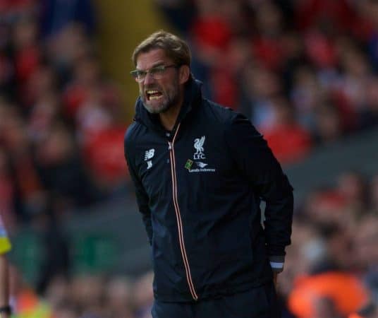 LIVERPOOL, ENGLAND - Saturday, April 23, 2016: Liverpool's manager Jürgen Klopp during the Premier League match against Newcastle United at Anfield. (Pic by Bradley Ormesher/Propaganda)