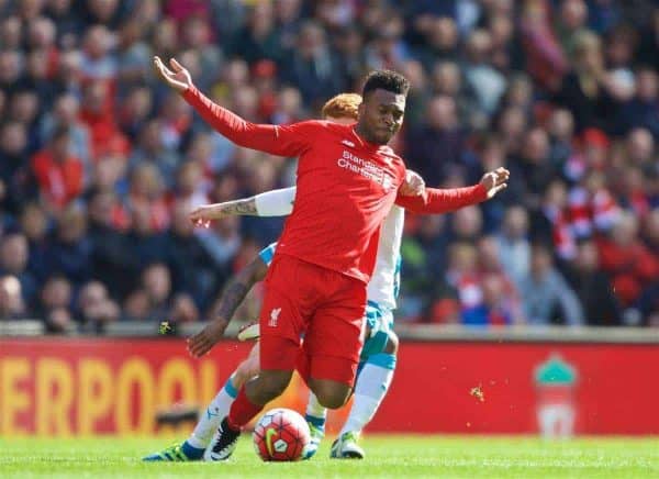 LIVERPOOL, ENGLAND - Saturday, April 23, 2016: Liverpool's Daniel Sturridge in action against Newcastle United during the Premier League match at Anfield. (Pic by Bradley Ormesher/Propaganda)