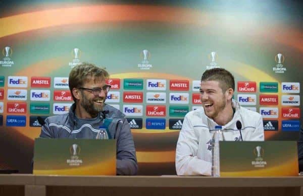 VILLARREAL, SPAIN - Wednesday, April 27, 2016: Liverpool's manager Jürgen Klopp and Alberto Moreno during a press conference ahead of the UEFA Europa League Semi-Final 1st Leg match against Villarreal CF at Estadio El Madrigal. (Pic by David Rawcliffe/Propaganda)