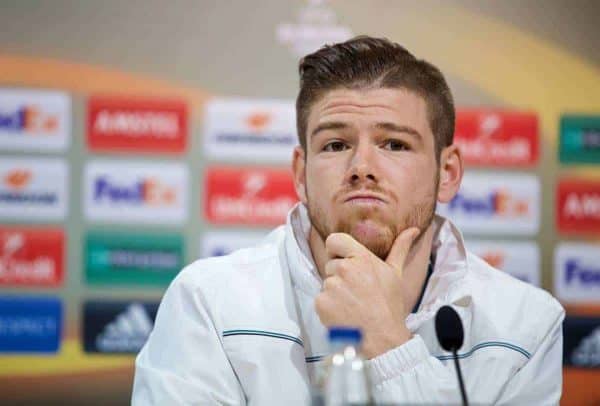 VILLARREAL, SPAIN - Wednesday, April 27, 2016: Liverpool's Alberto Moreno during a press conference ahead of the UEFA Europa League Semi-Final 1st Leg match against Villarreal CF at Estadio El Madrigal. (Pic by David Rawcliffe/Propaganda)