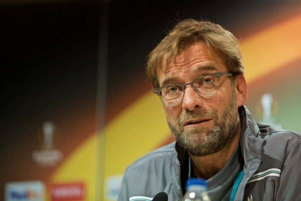 VILLRREAL, SPAIN - Wednesday, April 27, 2016: Liverpool's manager Jürgen Klopp during a press conference ahead of the UEFA Europa League Semi-Final 1st Leg match against Villarreal CF at Estadio El Madrigal. (Pic by David Rawcliffe/Propaganda)