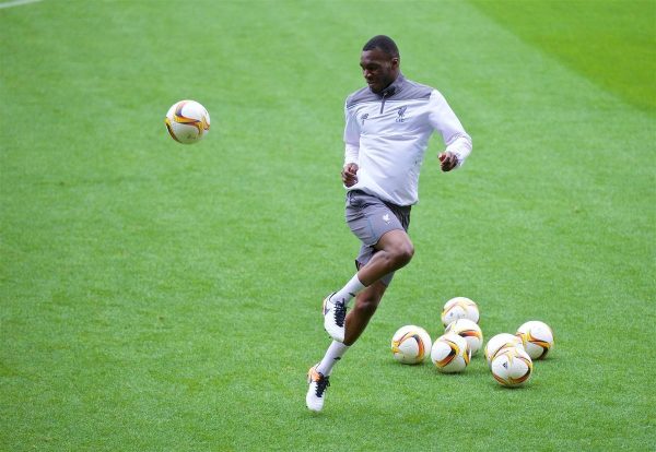 VILLRREAL, SPAIN - Wednesday, April 27, 2016: Liverpool's Christian Benteke during a training session ahead of the UEFA Europa League Semi-Final 1st Leg match against Villarreal CF at Estadio El Madrigal. (Pic by David Rawcliffe/Propaganda)