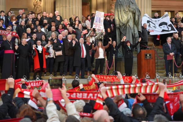 LIVERPOOL, ENGLAND - Wednesday, April 27, 2016: Margaret Aspinall, the chair of the Hillsborough Family Support Group sings "You'll Never Walk Alone" with the family and friends of the 96 victims as thousands of people gather outside Liverpool's St George's Hall in remembrance of the 96 victims who died at the Hillsborough disaster, a day after after a two-year long inquest court delivered a verdict of unlawful killing. (Pic by Propaganda)