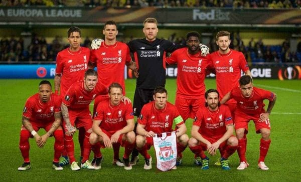 VILLRREAL, SPAIN - Thursday, April 28, 2016: Liverpool's players line up for a team group photograph before the UEFA Europa League Semi-Final 1st Leg match against Villarreal CF at Estadio El Madrigal. Back row L-R: Roberto Firmino, Dejan Lovren, goalkeeper Simon Mignolet, Kolo Toure, Adam Lallana. Front row L-R: Nathaniel Clyne, Alberto Moreno, Lucas Leiva, James Milner, Joe Allen, Philippe Coutinho Correia. (Pic by David Rawcliffe/Propaganda)