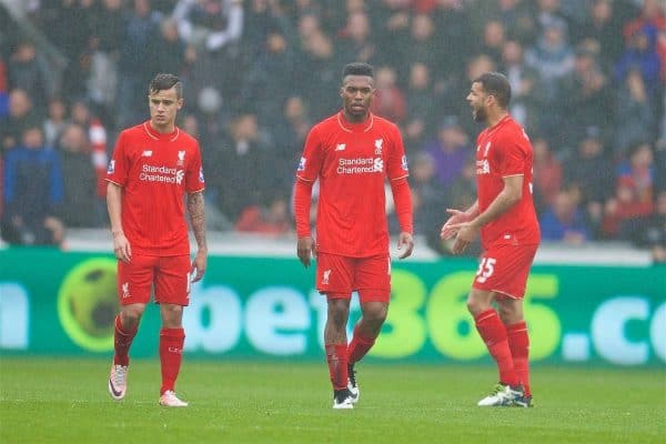 SWANSEA, WALES - Sunday, May 1, 2016: Liverpool's Daniel Sturridge looks dejected as Swansea City score the opening goal during the Premier League match at the Liberty Stadium. (Pic by David Rawcliffe/Propaganda)