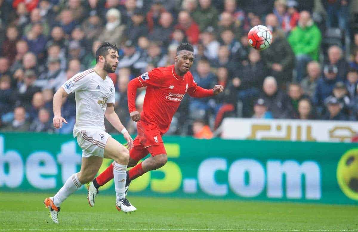SWANSEA, WALES - Sunday, May 1, 2016: Liverpool's Daniel Sturridge shoots against Swansea City during the Premier League match at the Liberty Stadium. (Pic by David Rawcliffe/Propaganda)