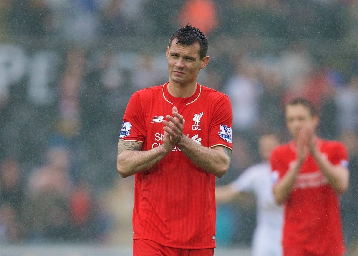 SWANSEA, WALES - Sunday, May 1, 2016: Liverpool's Dejan Lovren applauds the supporters after his side's 3-1 defeat to Swansea City during the Premier League match at the Liberty Stadium. (Pic by David Rawcliffe/Propaganda)