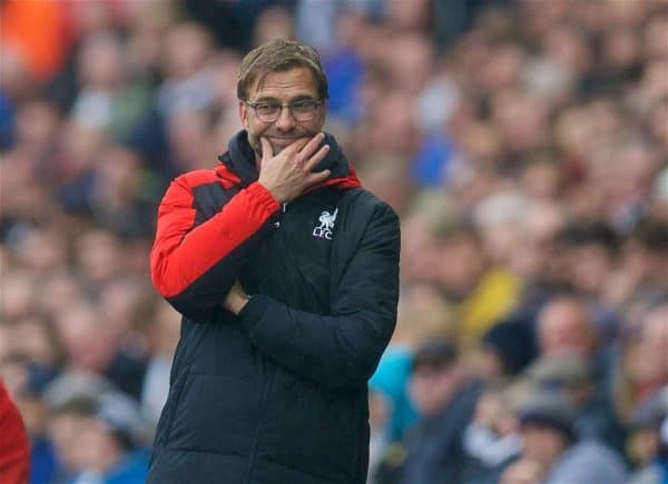 SWANSEA, WALES - Sunday, May 1, 2016: Liverpool's manager Jürgen Klopp forces a smile as he interacts with the crowd during the Premier League match against Swansea City at the Liberty Stadium. (Pic by David Rawcliffe/Propaganda)