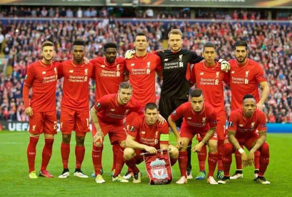 LIVERPOOL, ENGLAND - Thursday, May 5, 2016: Liverpool's players line up for a team group photograph before the UEFA Europa League Semi-Final 2nd Leg match against Villarreal CF at Anfield. (Pic by David Rawcliffe/Propaganda)