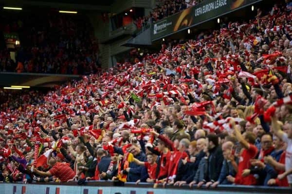 LIVERPOOL, ENGLAND - Thursday, May 5, 2016: Liverpool's supporters celebrate scoring the first goal against Villarreal during the UEFA Europa League Semi-Final 2nd Leg match at Anfield. (Pic by David Rawcliffe/Propaganda)