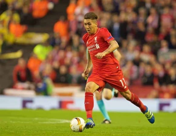 LIVERPOOL, ENGLAND - Thursday, May 5, 2016: Liverpool's Roberto Firmino in action against Villarreal during the UEFA Europa League Semi-Final 2nd Leg match at Anfield. (Pic by David Rawcliffe/Propaganda)