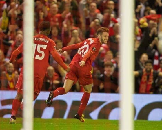 LIVERPOOL, ENGLAND - Thursday, May 5, 2016: Liverpool's Adam Lallana celebrates scoring the third goal against Villarreal during the UEFA Europa League Semi-Final 2nd Leg match at Anfield. (Pic by David Rawcliffe/Propaganda)