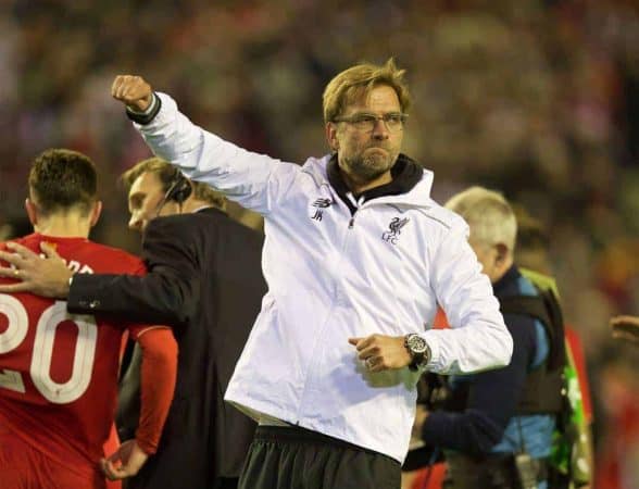 LIVERPOOL, ENGLAND - Thursday, May 5, 2016: Liverpool's manager Jürgen Klopp celebrates his side's 3-0 victory over Villarreal, reaching the final 3-1 on aggregate, during the UEFA Europa League Semi-Final 2nd Leg match at Anfield. (Pic by David Rawcliffe/Propaganda)