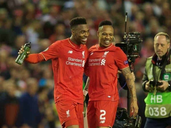 LIVERPOOL, ENGLAND - Thursday, May 5, 2016: Liverpool's Daniel Sturridge and Nathaniel Clyne celebrate after his side's 3-0 victory over Villarreal, reaching the final 3-1 on aggregate, during the UEFA Europa League Semi-Final 2nd Leg match at Anfield. (Pic by David Rawcliffe/Propaganda)