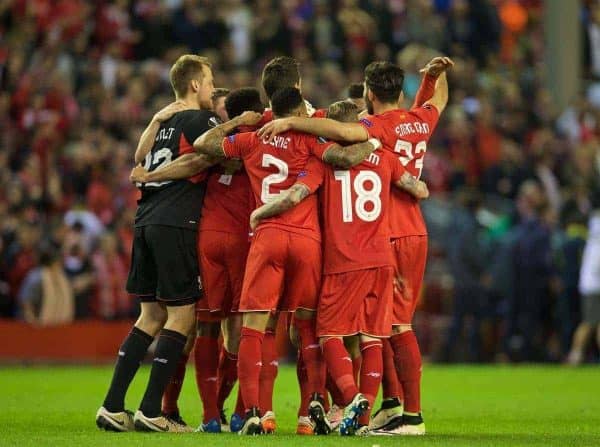 LIVERPOOL, ENGLAND - Thursday, May 5, 2016: Liverpool's players celebrate at the final whistle after his side's 3-0 victory over Villarreal, reaching the final 3-1 on aggregate, during the UEFA Europa League Semi-Final 2nd Leg match at Anfield. (Pic by David Rawcliffe/Propaganda)