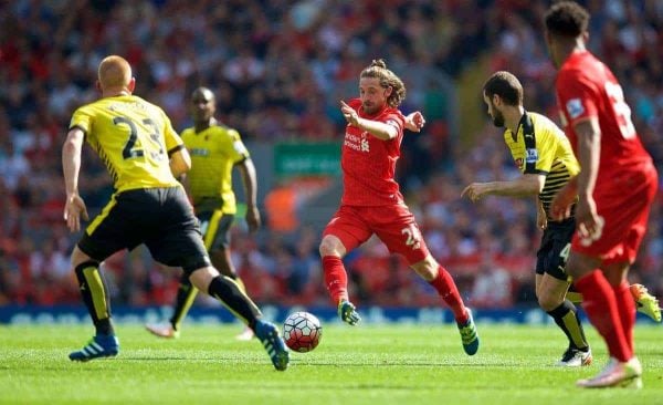 LIVERPOOL, ENGLAND - Sunday, May 8, 2016: Liverpool's Joe Allen in action against Watford during the Premier League match at Anfield. (Pic by David Rawcliffe/Propaganda)