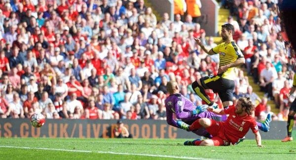 LIVERPOOL, ENGLAND - Sunday, May 8, 2016: Liverpool's Joe Allen scores the first goal against Watford during the Premier League match at Anfield. (Pic by David Rawcliffe/Propaganda)