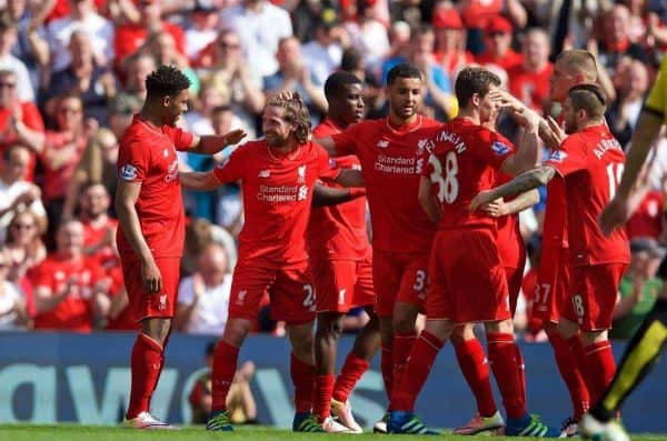 LIVERPOOL, ENGLAND - Sunday, May 8, 2016: Liverpool's Joe Allen celebrates scoring the first goal against Watford during the Premier League match at Anfield. (Pic by David Rawcliffe/Propaganda)