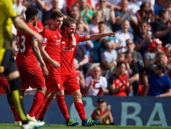 LIVERPOOL, ENGLAND - Sunday, May 8, 2016: Liverpool's Joe Allen celebrates scoring the first goal against Watford during the Premier League match at Anfield. (Pic by David Rawcliffe/Propaganda)