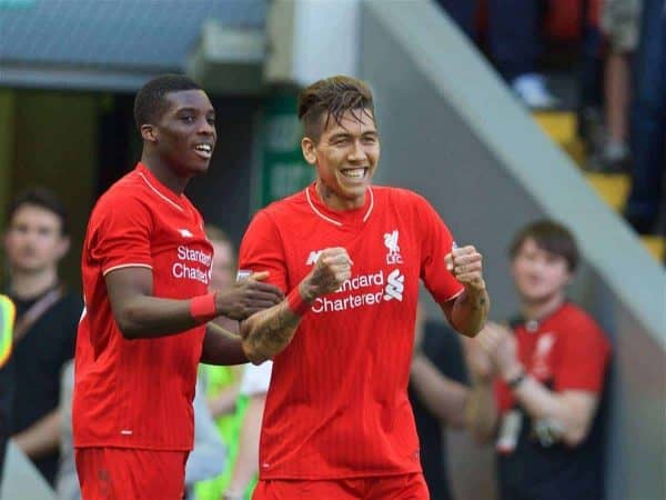 LIVERPOOL, ENGLAND - Sunday, May 8, 2016: Liverpool's Roberto Firmino celebrates scoring the second goal against Watford during the Premier League match at Anfield. (Pic by David Rawcliffe/Propaganda)