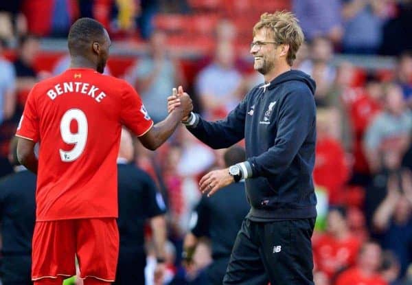 LIVERPOOL, ENGLAND - Sunday, May 8, 2016: Liverpool's manager J¸rgen Klopp and Christian Benteke after the 2-0 victory over Watford during the Premier League match at Anfield. (Pic by David Rawcliffe/Propaganda)