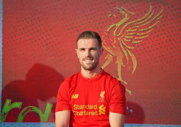 LIVERPOOL, ENGLAND - Monday, May 9, 2016: Liverpool's captain Jordan Henderson at the launch of the New Balance 2016/17 Liverpool FC kit at a live event in front of supporters at the Royal Liver Building on Liverpool's historic World Heritage waterfront. (Pic by David Rawcliffe/Propaganda)