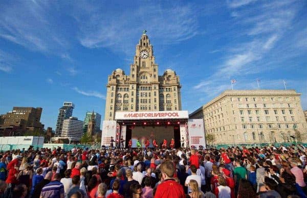 LIVERPOOL, ENGLAND - Monday, May 9, 2016: Liverpool's Natasha Harding, goalkeeper Simon Mignolet, Philippe Coutinho Correia, captain Jordan Henderson, Jon Flanagan and Gemma Bonner at the launch of the New Balance 2016/17 Liverpool FC kit at a live event in front of supporters at the Royal Liver Building on Liverpool's historic World Heritage waterfront. (Pic by David Rawcliffe/Propaganda)