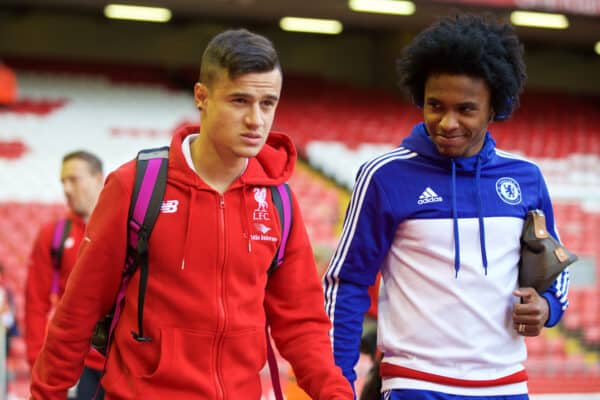 LIVERPOOL, ENGLAND - Wednesday, May 11, 2016: Liverpool's Philippe Coutinho Correia and Chelsea's Willian Borges da Silva arrive before the Premier League match at Anfield. (Pic by David Rawcliffe/Propaganda)