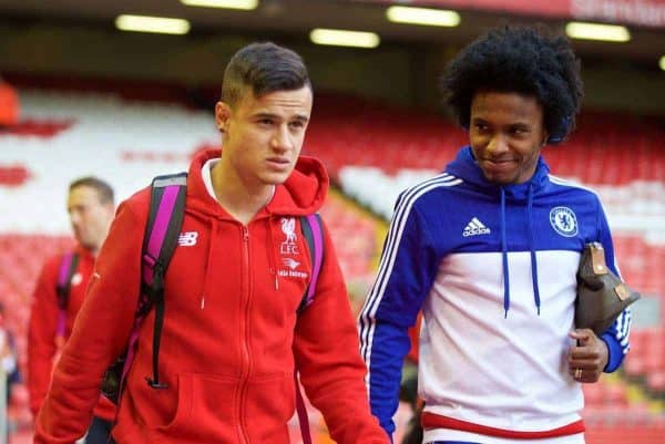 LIVERPOOL, ENGLAND - Wednesday, May 11, 2016: Liverpool's Philippe Coutinho Correia and Chelsea's Willian Borges da Silva arrive before the Premier League match at Anfield. (Pic by David Rawcliffe/Propaganda)