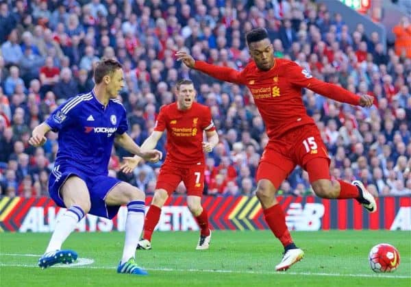 LIVERPOOL, ENGLAND - Wednesday, May 11, 2016: Liverpool's Daniel Sturridge in action against Chelsea's Gary Cahill during the Premier League match at Anfield. (Pic by David Rawcliffe/Propaganda)