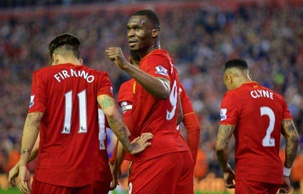 LIVERPOOL, ENGLAND - Wednesday, May 11, 2016: Liverpool's Christian Benteke celebrates scoring a goal against Chelsea during the Premier League match at Anfield. (Pic by David Rawcliffe/Propaganda)