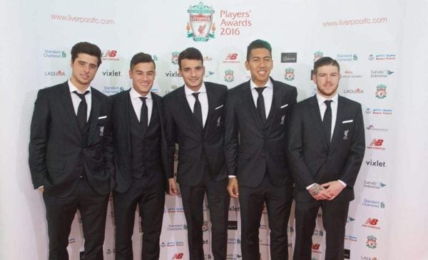 LIVERPOOL, ENGLAND - Thursday, May 12, 2016: Liverpool's Joao Carlos Teixeira, Philippe Coutinho Correia, Pedro Chirivella, Roberto Firmino and Alberto Moreno arrive on the red carpet for the Liverpool FC Players' Awards Dinner 2016 at the Liverpool Arena. (Pic by David Rawcliffe/Propaganda)