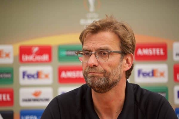 LIVERPOOL, ENGLAND - Friday, May 13, 2016: Liverpool's manager Jürgen Klopp during a press conference at Melwood Training Ground ahead of the UEFA Europa League Final against Seville FC. (Pic by David Rawcliffe/Propaganda)